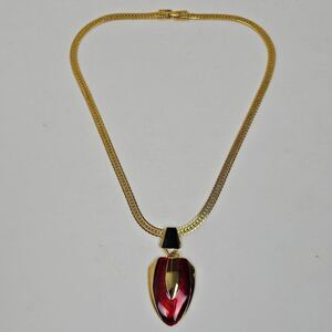 Vintage Black Red Enamel Fixed Pendant Necklace Gold Tone Chain 80s‎ 90s Chunky